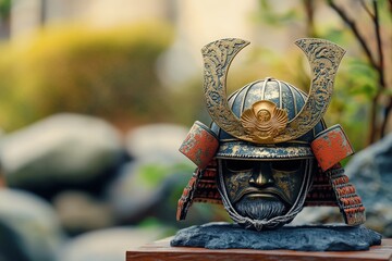 Obraz premium Detailed miniature samurai helmet, ornate and decorative.