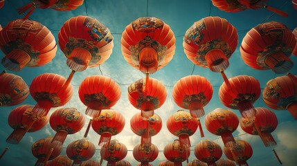 Many vibrant red lanterns hang, creating a festive, upward view.