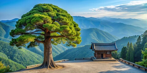 Obraz premium A solitary cedar tree stands sentinel over the serene grounds of Kawaguchi-Asama Shrine in Japan's picturesque mountainside, cedar tree, forest