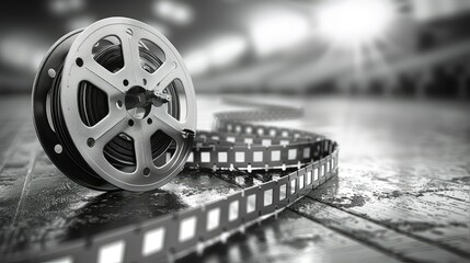 Vintage  reel and winding tape on a weathered surface.
