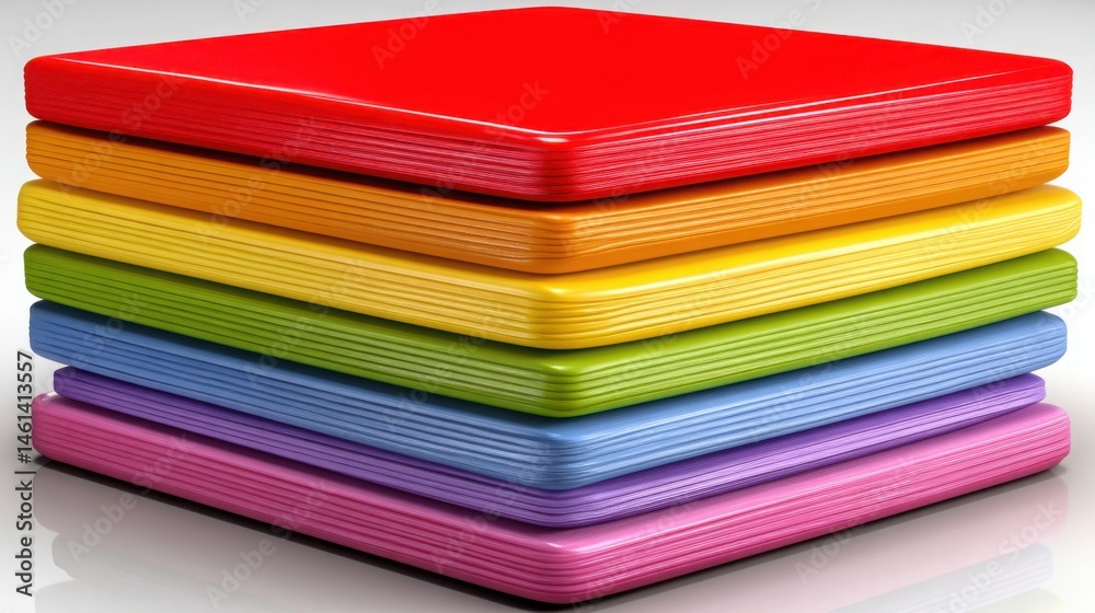 Poster stack of colorful plastic plates neatly arranged for practical use or decorative display in a bright