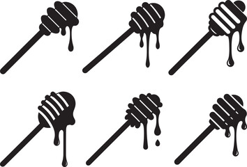 set of honey dipper stick with dripping honey silhouette, black and white silhouette, vector and illustration