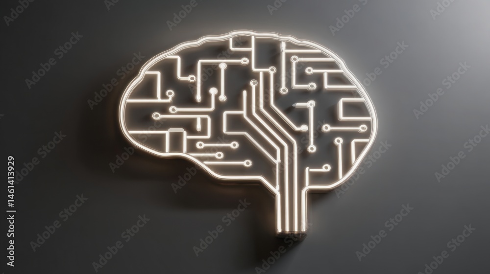 Poster brain made of circuits illustrating neural finance stream and continuous artificial intelligence bac