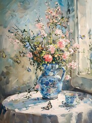 Impressionistic Still Life Painting Of Flowers Butterflies And Teacup With High Resolution Images