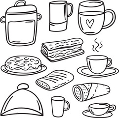 A collection of breakfast items arranged on a white background.