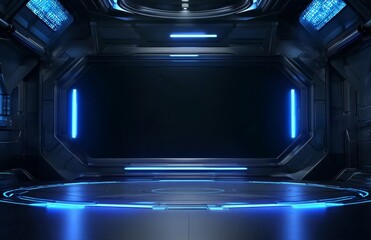 Futuristic Interior with Blue Neon Lights