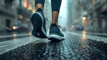 A close-up view of athletic footwear on a wet city street.