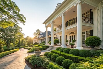 Obraz premium White Columns and Green Landscaping of a Classic House on a Sunny Day.