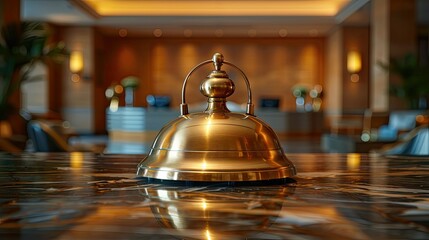 Polished brass service bell resting on a marble reception desk.