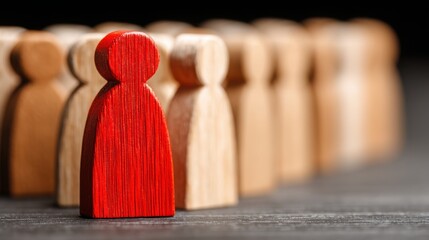 Distinct red wooden figure standing out from a group of wooden people symbolizing nonreactive hold and unemotional position
