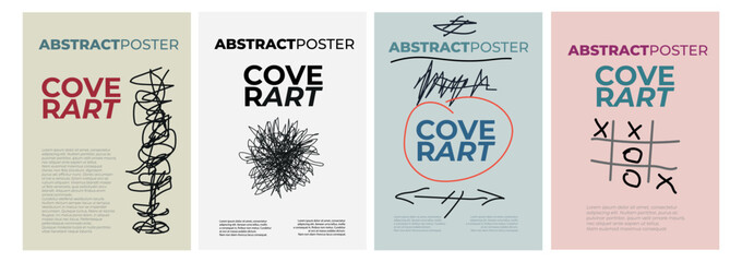 Four abstract posters featuring cover art with scribbles, a tic-tac-toe game, geometric shapes, and text
