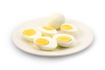 A dish of hard boiled eggs half and whole isolated on white background stack clipping path