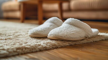Fluffy white house slippers on a beige carpet.