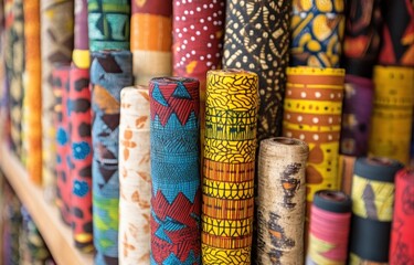 Colorful fabric rolls in a shop.  Vibrant patterned textiles displayed on shelves