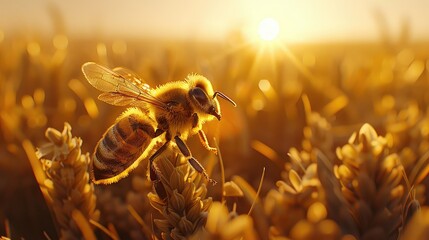 Golden hour honeybee resting on golden wheat.