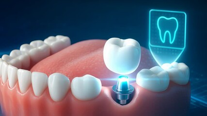 Dental Implant Technology with Artificial Tooth Placement and Modern Oral Surgery in Futuristic Dentistry Concept

