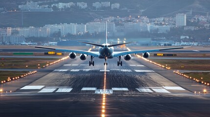 Airplane landing on runway at night, city lights in background.