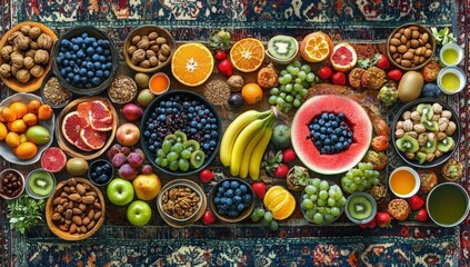 Assortment of fresh fruits and nuts.  Colorful and healthy foods displayed artistically