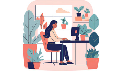 Woman working on laptop at desk with lamp plant and coffee in a bright and modern style illustration