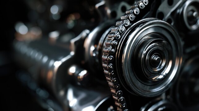 Detailed look at metallic gears and chains in a mechanical setting, showcasing the precision and complexity of engineering. The reflective surfaces add depth to this mechanical artwork