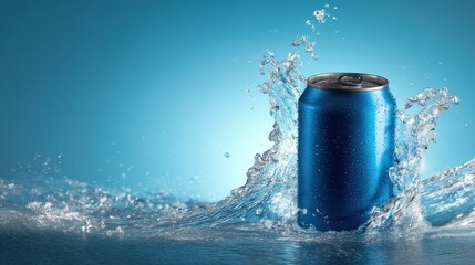 A blue beverage can emerges from a splash of water, creating dynamic droplets in a visually striking composition. The bright background enhances the refreshing theme
