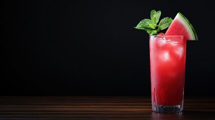 Watermelon drink with mint garnish on wooden table