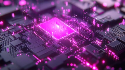 Vibrant circuit board design, sleek black components with glowing purple accents, ideal for tech-related content and graphics.