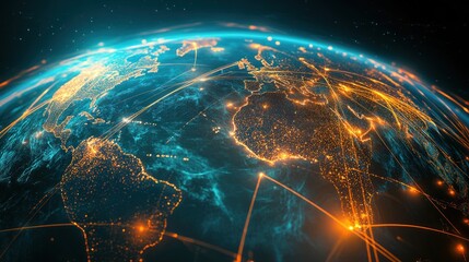 Global network connections visualized on a 3D earth model at night, showing illuminated cities and communication lines.