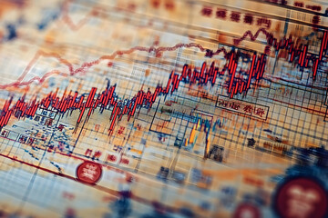 Complex financial data visualization with fluctuating lines.