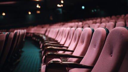 Rows of plush pink chairs create a cozy atmosphere in a vintage theater, ready for an exciting film screening event. Dim lighting adds to the ambiance