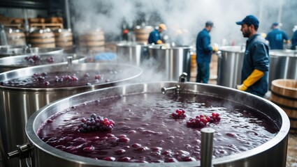 Grape juice boiling inside large stainless steel tanks with workers