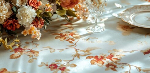 celebrate elegance, table setting with floral arrangement and classic tableware.