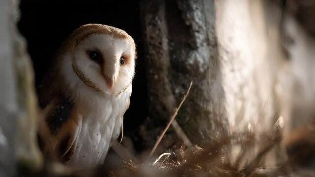 A stunning barn owl perches gracefully in its natural habitat, showcasing its intricate feathers and expressive eyes that capture the essence of wildlife beauty and serenity.
