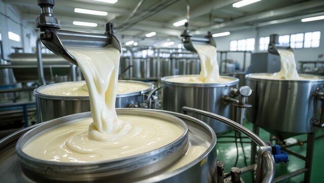 Liquid being poured into steel containers at factory