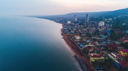 Fototapeta premium Scenic coastal cityscape, expansive ocean view with a vibrant skyline, perfect for travel content or website backgrounds.