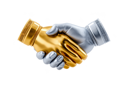 Metallic hands shaking in a gesture of agreement or partnership. Png, Transparent background.