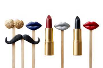 Playful lipstick and mustache props on sticks for creative presentations. Png, Transparent background.