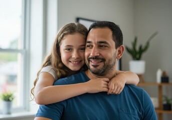 Obraz premium Smiling daughter hugging her father from behind in a brightly lit room indoors
