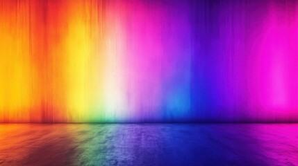 Colorful rainbow background with vibrant hues on a wooden textured wall and reflective floor.