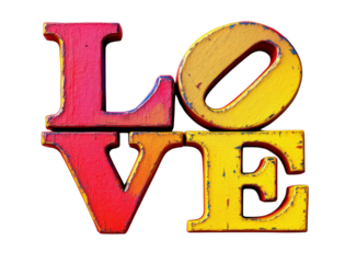 Bold, colorful letters spell out the word "LOVE" in a distressed, artistic style.