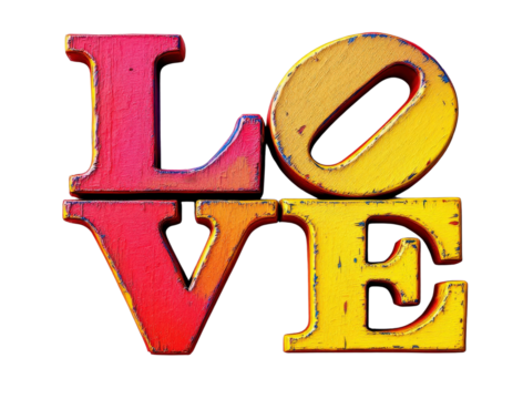 Bold, colorful letters spell out the word "LOVE" in a distressed, artistic style. - Powered by Adobe