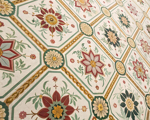 Close‑up of ornate medallion tile featuring interlocking circles and floral rosettes
Primer plano de un azulejo con medallón ornamentado que presenta círculos entrelazados y rosetones florales