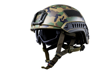 Fototapeta premium Camouflage military helmet with attached goggles and adjustable chin strap.