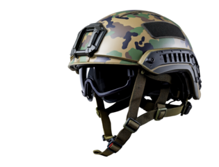 Camouflage military helmet with attached goggles and adjustable chin strap.