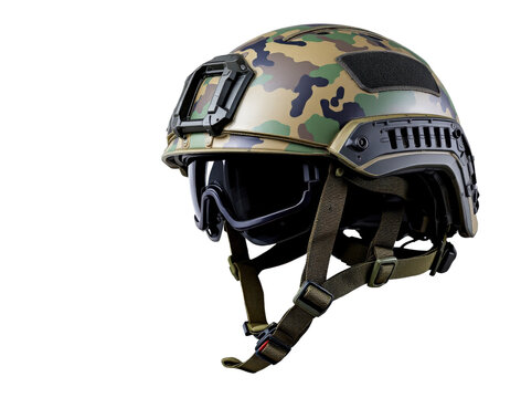 Camouflage military helmet with attached goggles and adjustable chin strap.