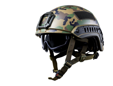 Camouflage military helmet with attached goggles and adjustable chin strap.