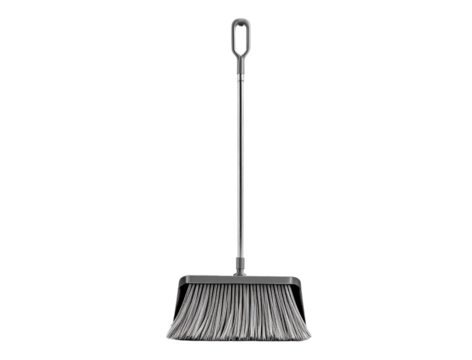 A metal broom with a rectangular head and a looped handle designed for efficient sweeping.