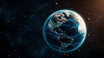 Obraz premium A digitally enhanced image of Earth, seen from space, shows North and South America illuminated at night, overlaid with a network of glowing blue lines representing global connections.
