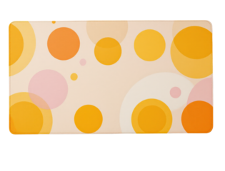 Desk mat with colorful overlapping circles in yellow, orange, and pink tones.