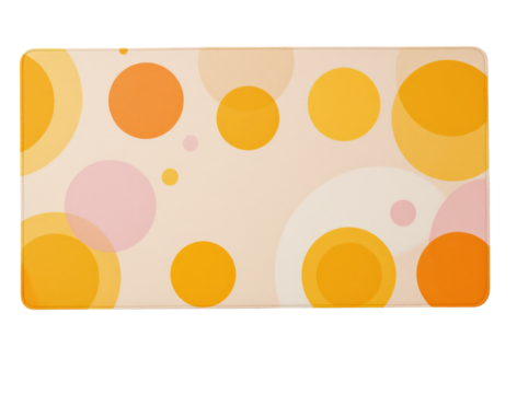 Desk mat with colorful overlapping circles in yellow, orange, and pink tones.